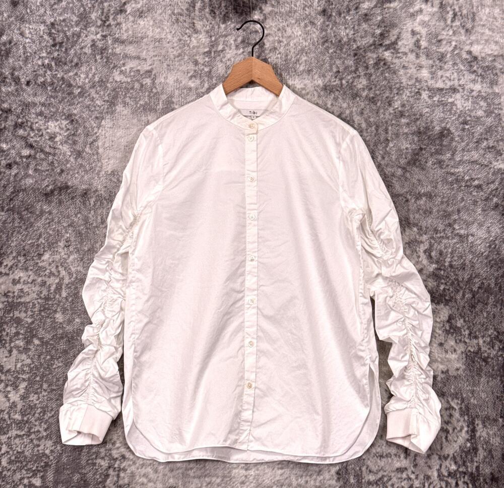 Tibi Shirt 8 Womens White Cotton Poplin Ruched Sleeve Band Collar Button Down